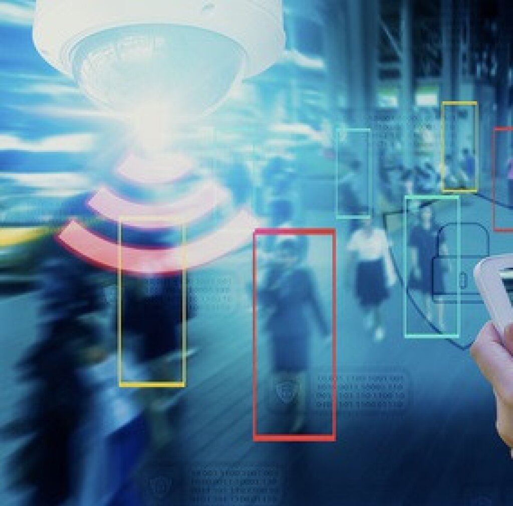 Video analytics and video content analysis - an image with a CCTV dome camera and people walking, with rectangles highlighting where people are.